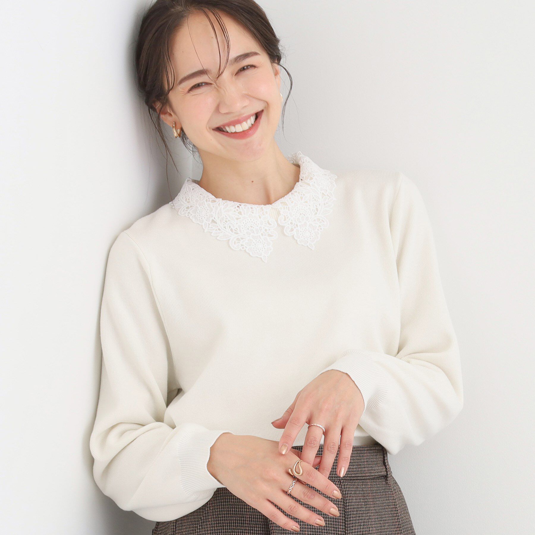 SHOO･LA･RUE「【襟取り外し可/S-LL】上品見え レース襟ニット」|ニット・セーター|アイボリー(004)