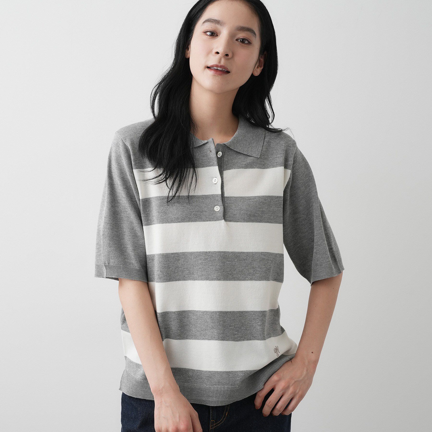 Dessin「【ユニセックス/洗える】ボーダーニットポロシャツ」|ニット・セーター|