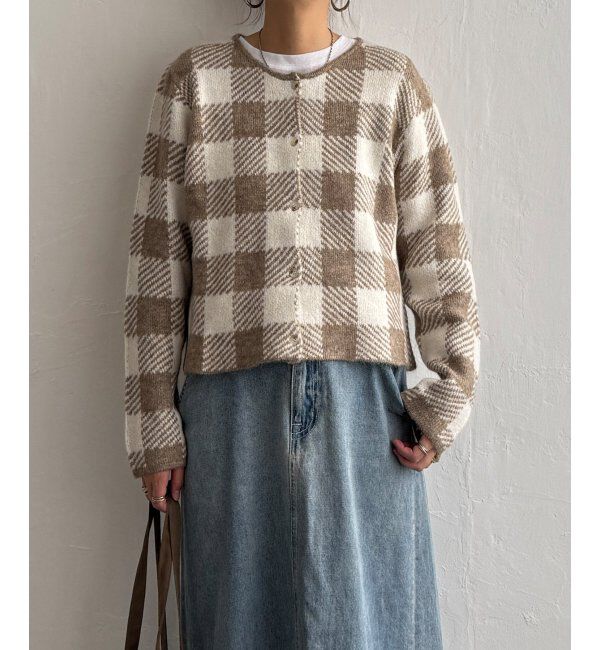 Lbc with Life「配色クルーショート丈カーディガン」|カーディガン|ベージュ1