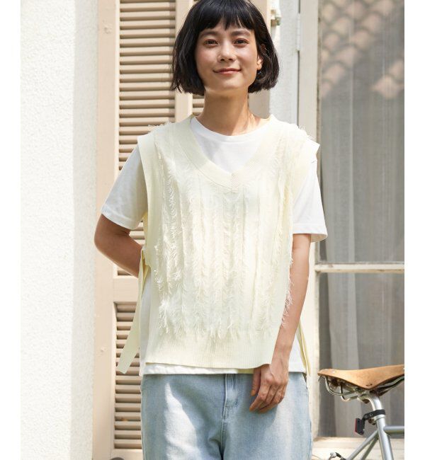 Lbc with Life「フリンジシアーサイドリボンベスト」|ニット・セーター|ホワイト