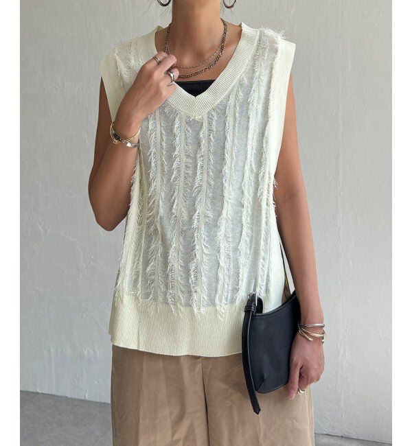 Lbc with Life「フリンジシアーサイドリボンベスト」|ニット・セーター|