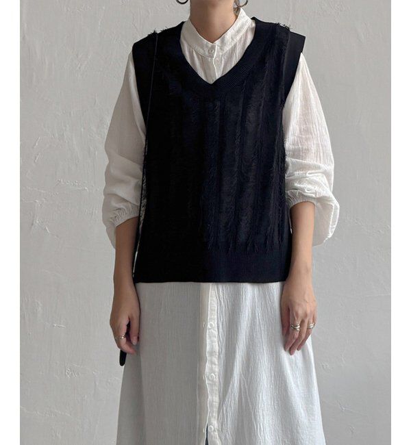 Lbc with Life「フリンジシアーサイドリボンベスト」|ニット・セーター|ブラック