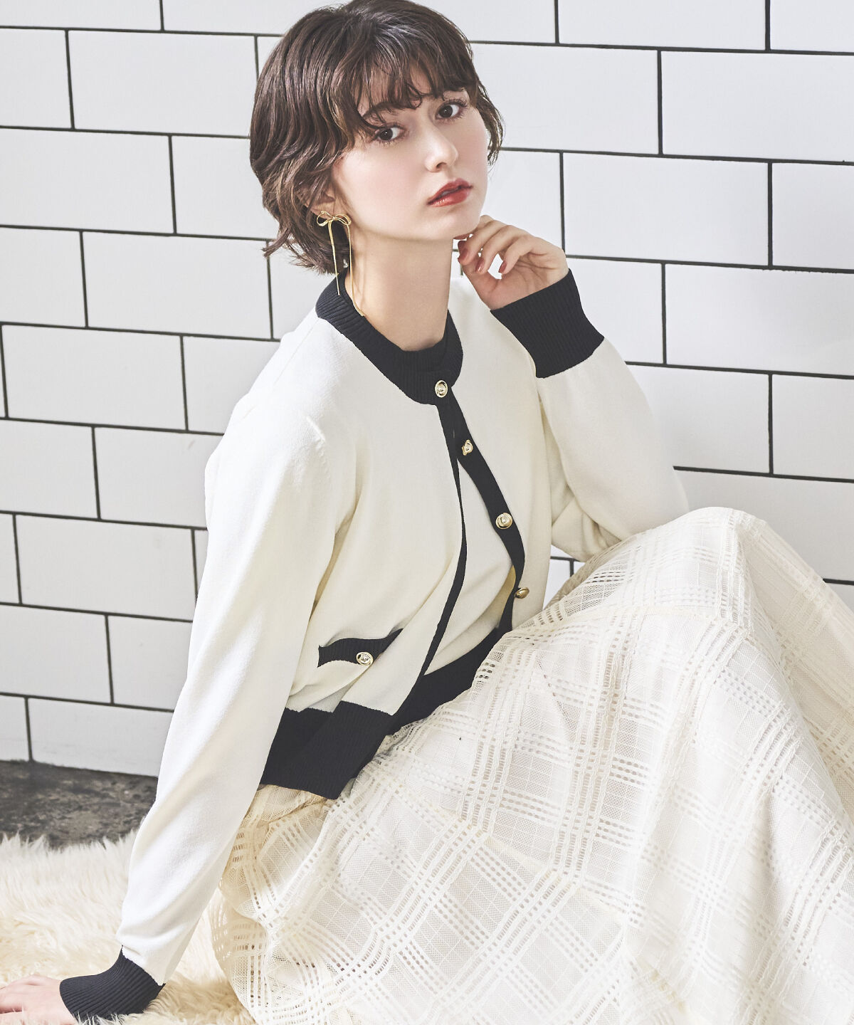 アンドクチュール「配色ニットアンサンブル」|カーディガン|オフ