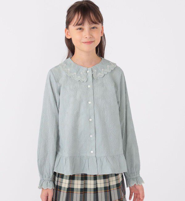 SHIPS KIDS「SHIPS KIDS:140～150cm / 刺繍 カラー ブラウス」|シャツ・ブラウス|ライトグリーン