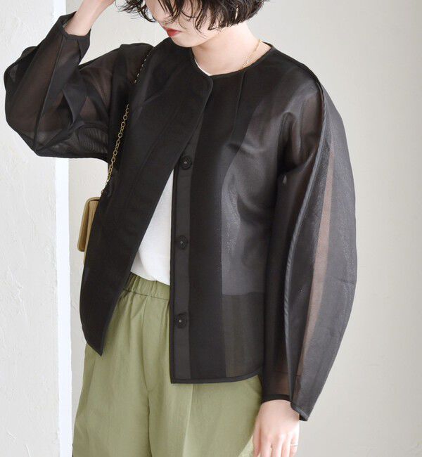 quaranciel「quaranciel:〈手洗い可能〉シアー ドルマン ブルゾン ジャケット」|ノーカラージャケット|