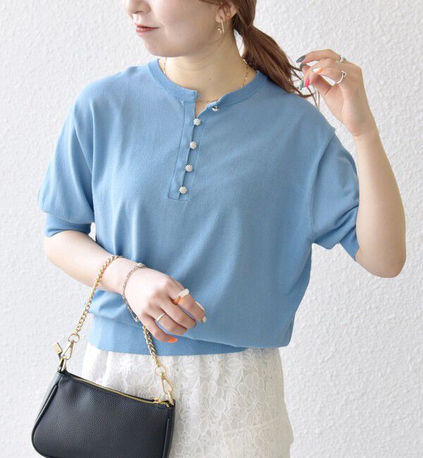 SHIPS any「SHIPS any:〈接触冷感/手洗い可能〉ビジュー ヘンリーネック ニット プルオーバー」|ニット・セーター|