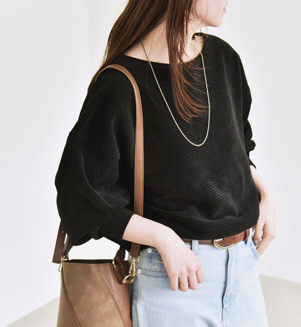 quaranciel「quaranciel:〈洗濯機可能〉ポリエステル ベロア リブ コクーン コンパクト プルオーバー」|Tシャツ・カットソー|