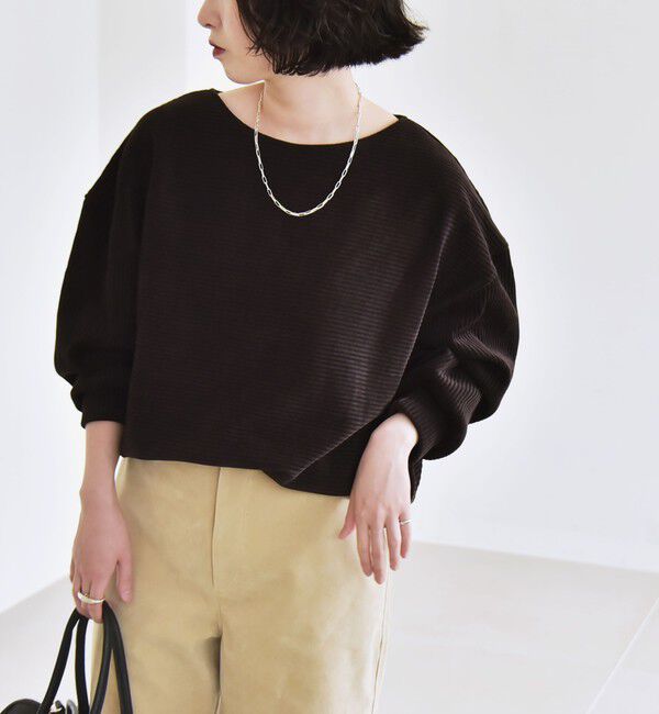 quaranciel「quaranciel:〈洗濯機可能〉ポリエステル ベロア リブ コクーン コンパクト プルオーバー」|Tシャツ・カットソー|