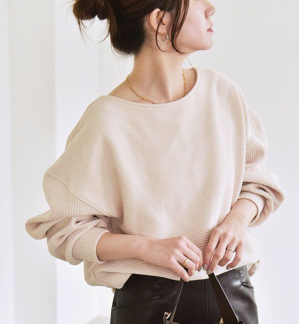 quaranciel「quaranciel:〈洗濯機可能〉ポリエステル ベロア リブ コクーン コンパクト プルオーバー」|Tシャツ・カットソー|