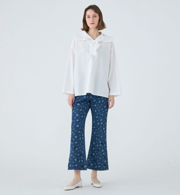 MACPHEE「フラワーレーザー プリントデニム フレアパンツ」|デニム|