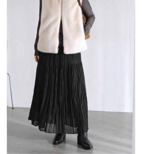  「【洗える】シフォンニットワッシャースカート」|スカート|ブラック