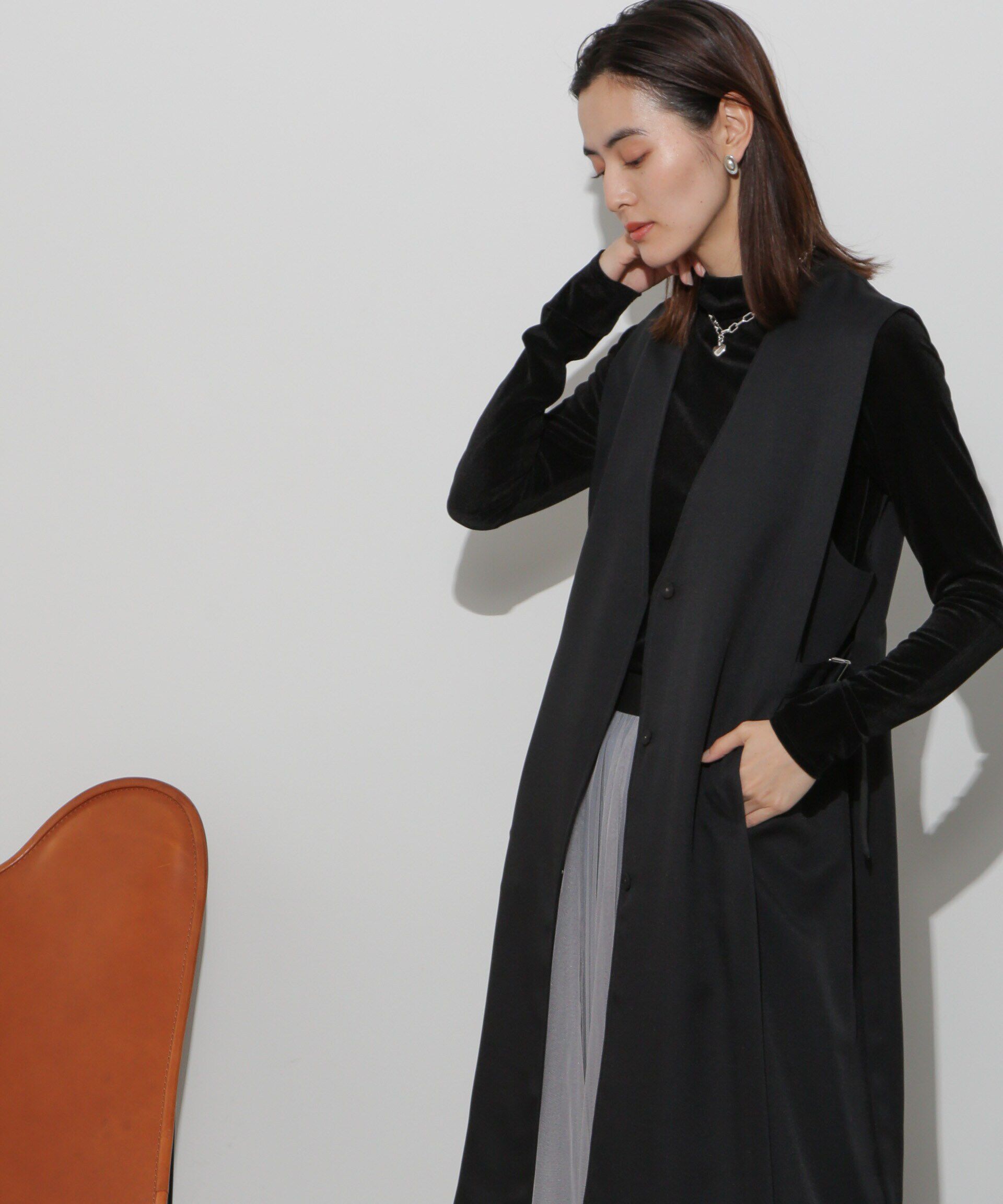 nano･universe「サイドベルトロングジレ(セットアップ可)」|ベスト・ジレ|ブラック