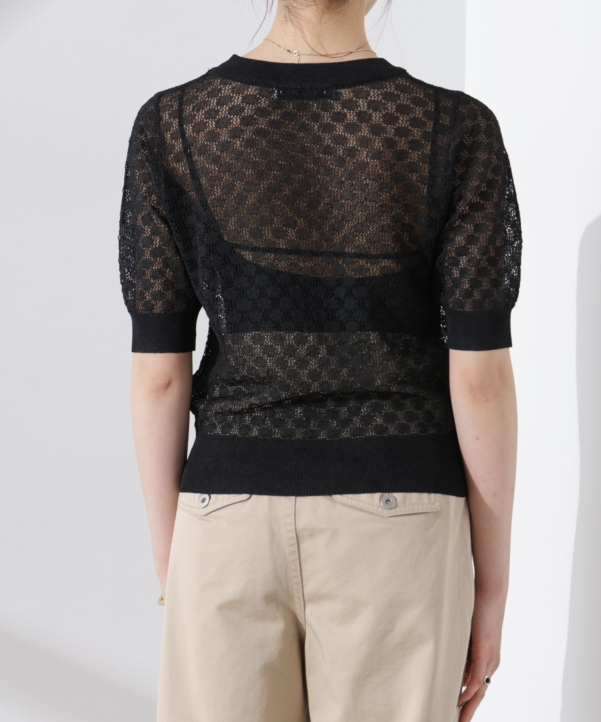 nano･universe「レース柄クルーネック半袖ニット」|ニット・セーター|