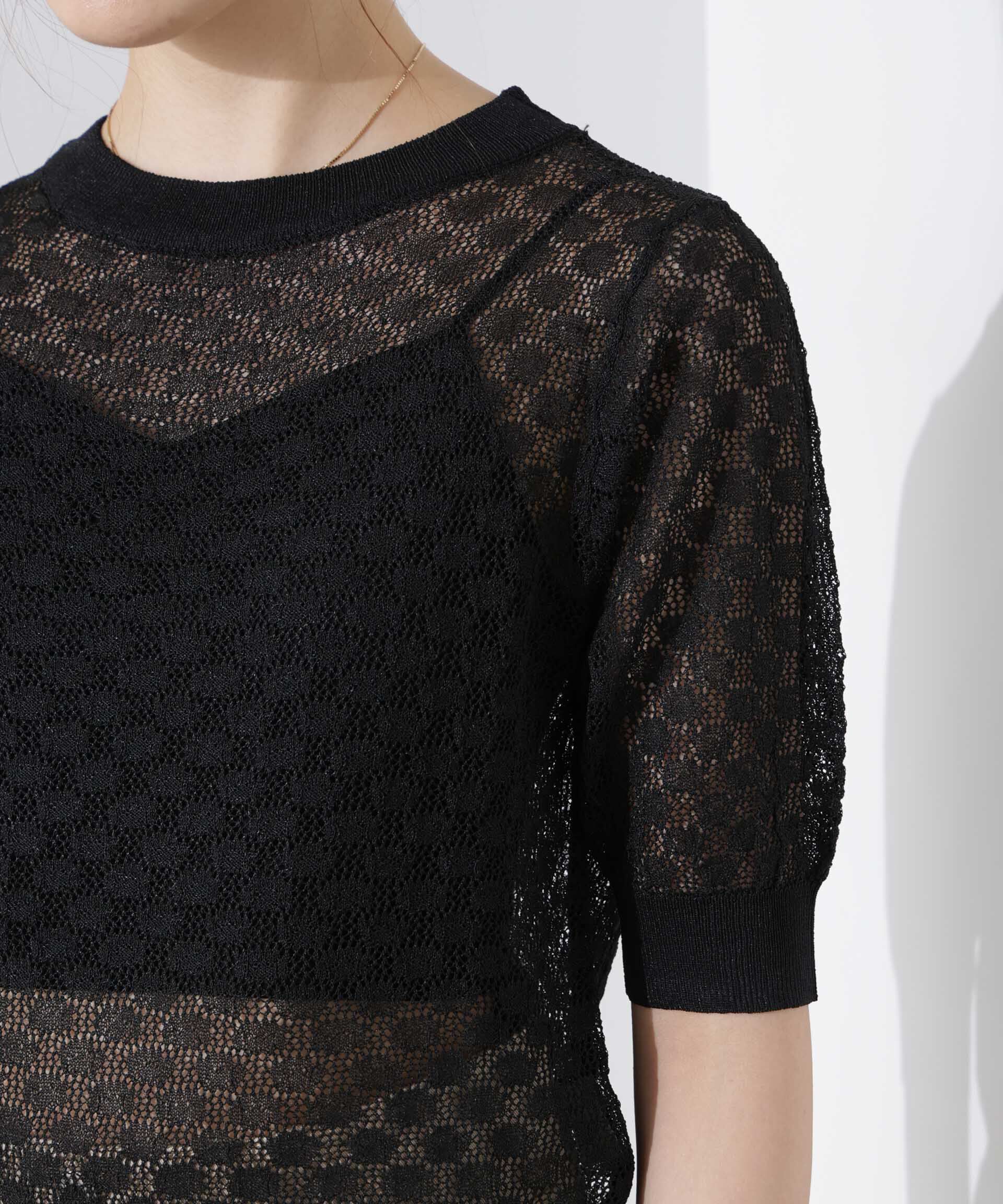 nano･universe「レース柄クルーネック半袖ニット」|ニット・セーター|