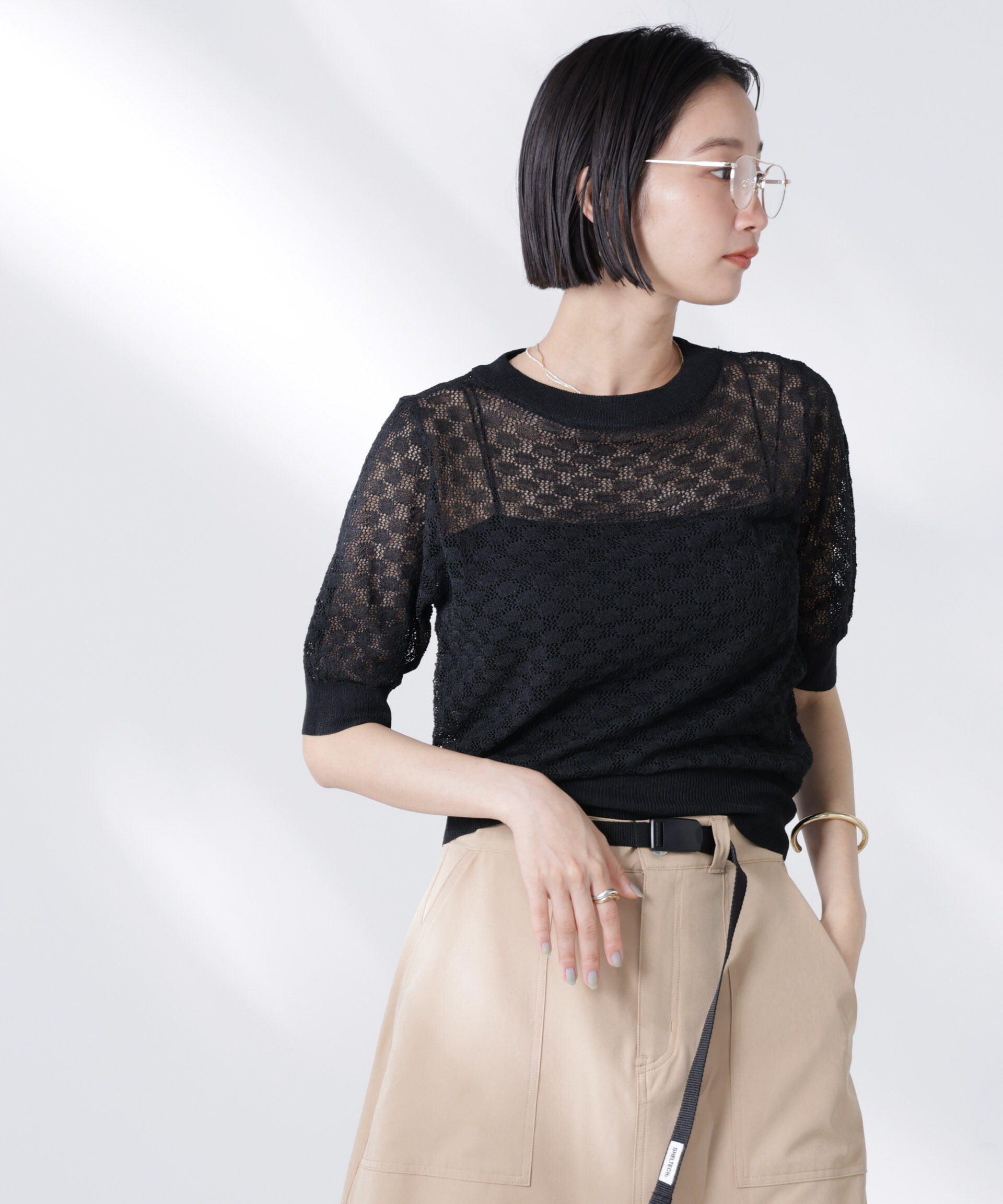 nano･universe「レース柄クルーネック半袖ニット」|ニット・セーター|