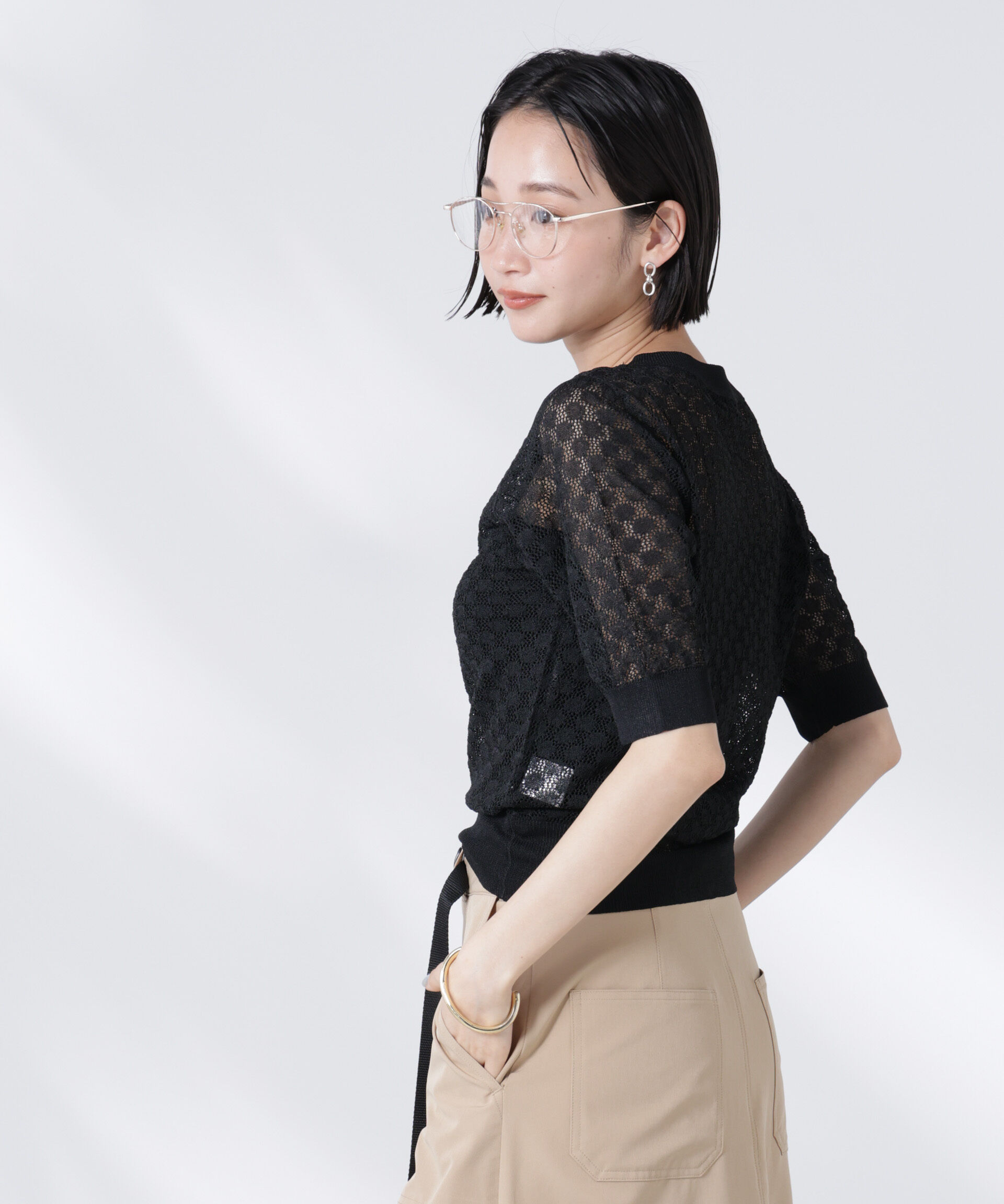 nano･universe「レース柄クルーネック半袖ニット」|ニット・セーター|