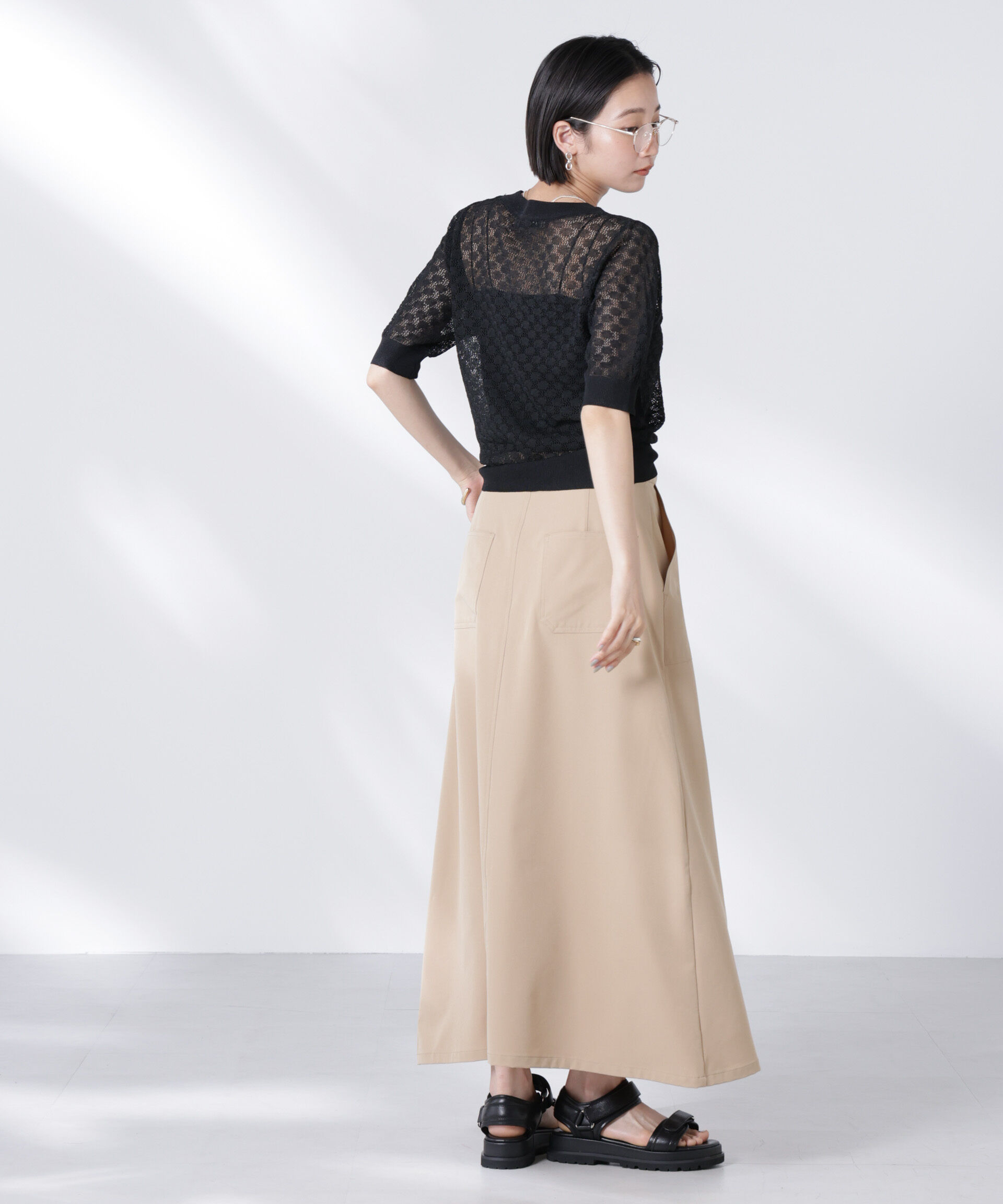 nano･universe「レース柄クルーネック半袖ニット」|ニット・セーター|