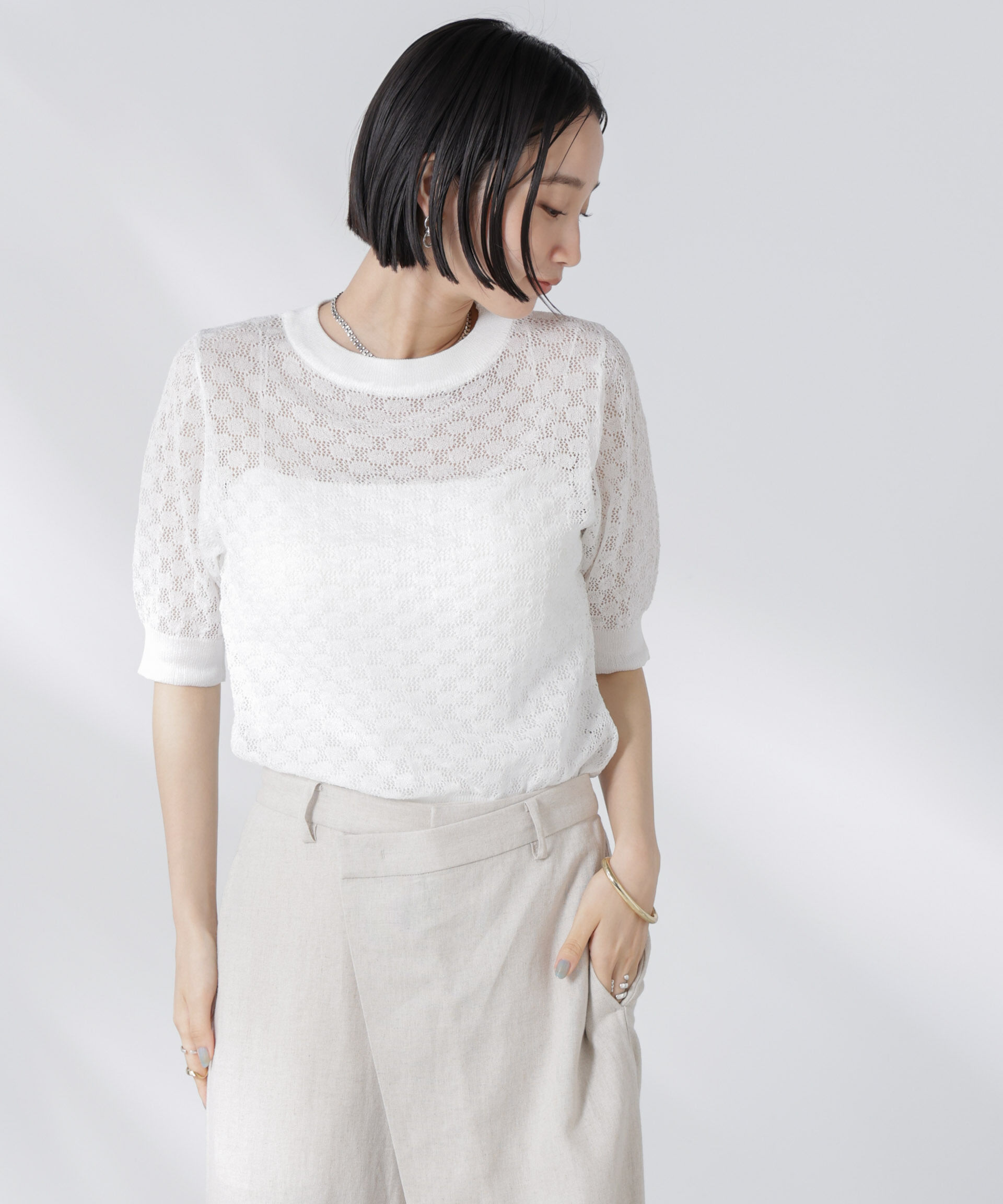 nano･universe「レース柄クルーネック半袖ニット」|ニット・セーター|