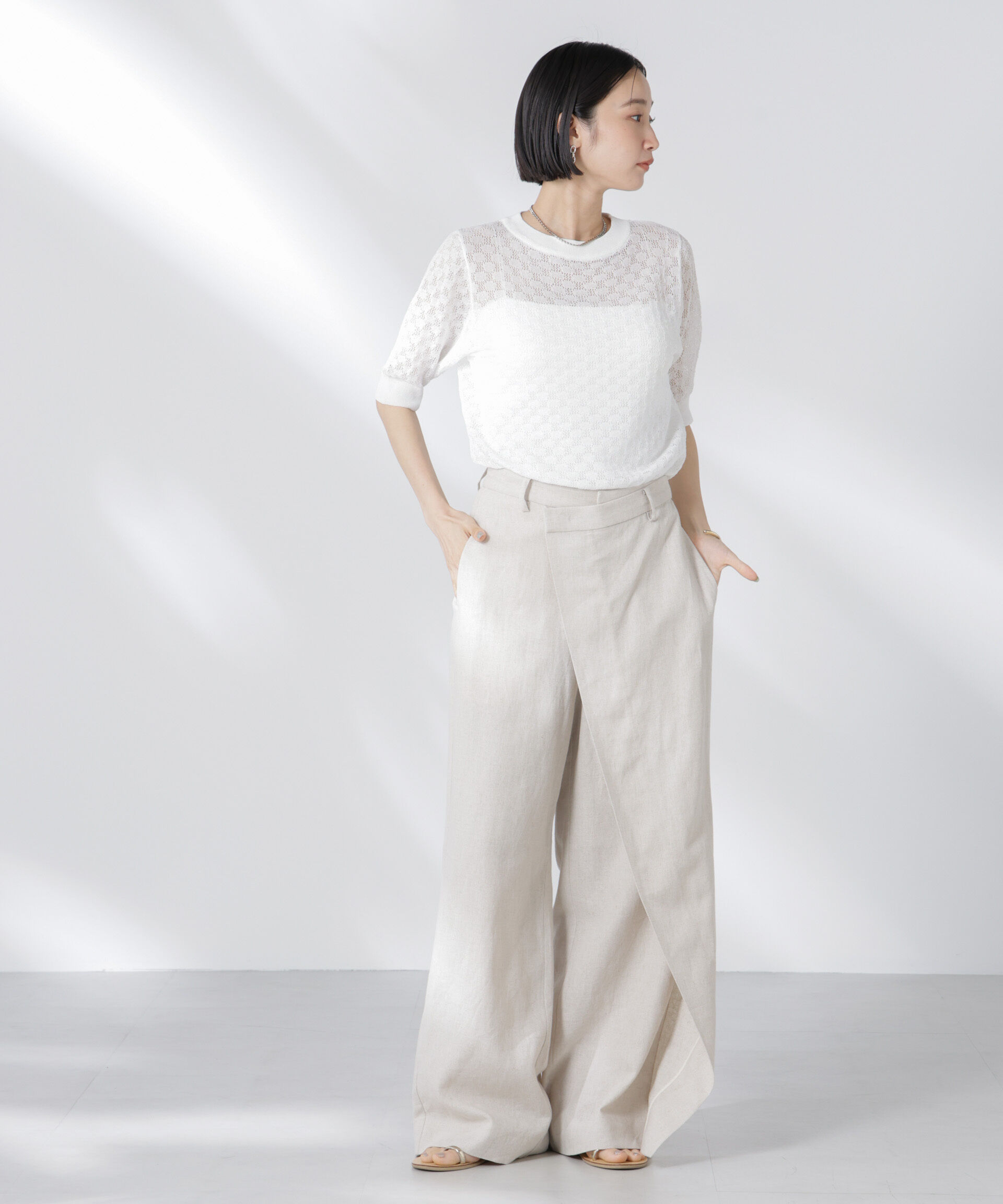 nano･universe「レース柄クルーネック半袖ニット」|ニット・セーター|