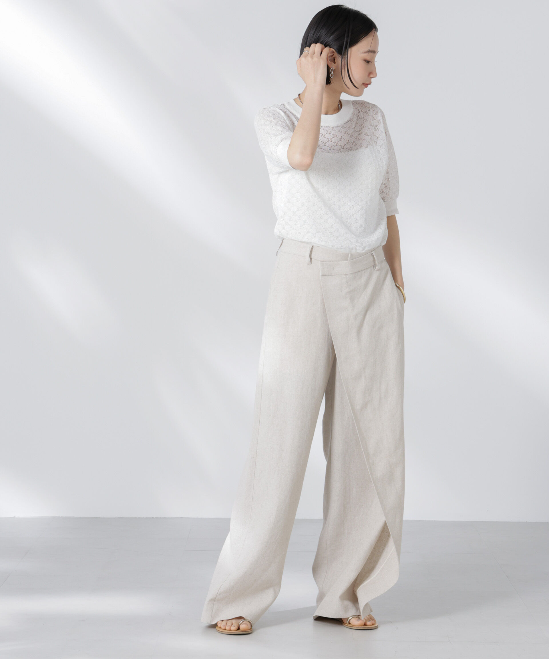 nano･universe「レース柄クルーネック半袖ニット」|ニット・セーター|