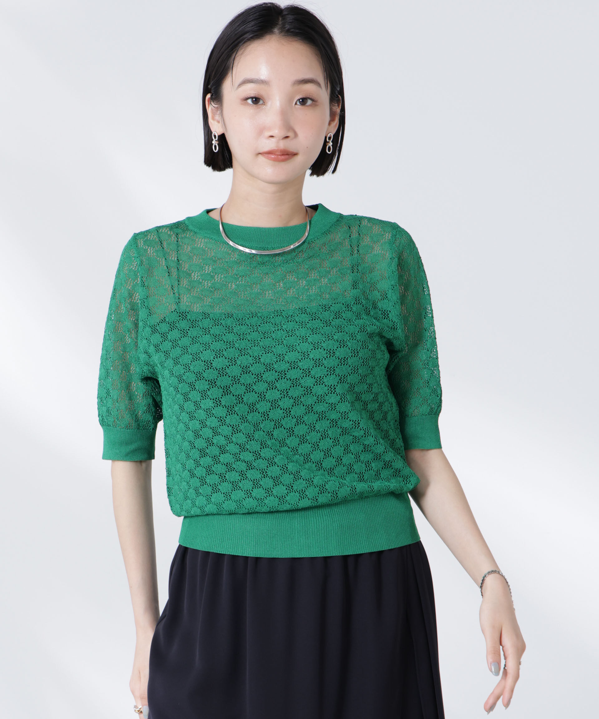 nano･universe「レース柄クルーネック半袖ニット」|ニット・セーター|グリーン