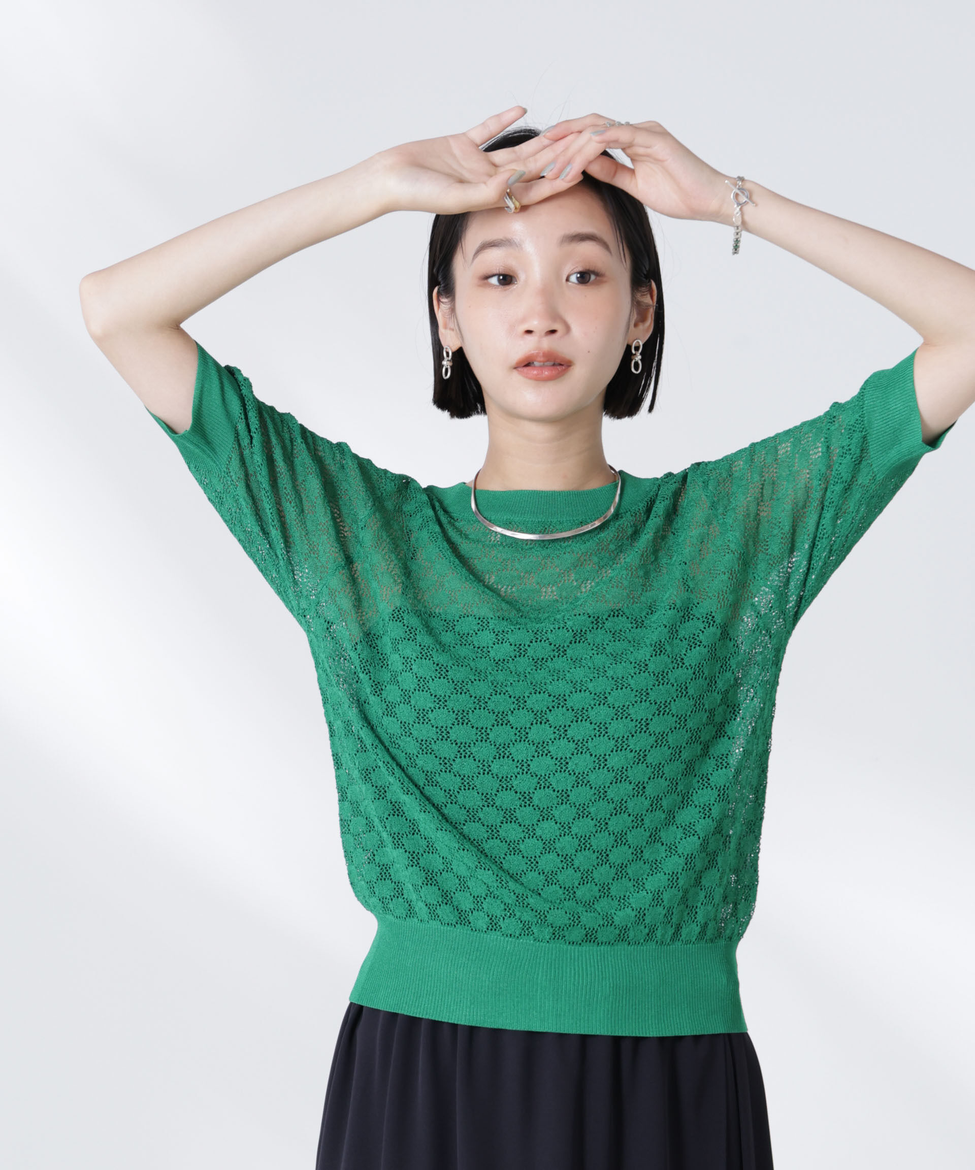 nano･universe「レース柄クルーネック半袖ニット」|ニット・セーター|