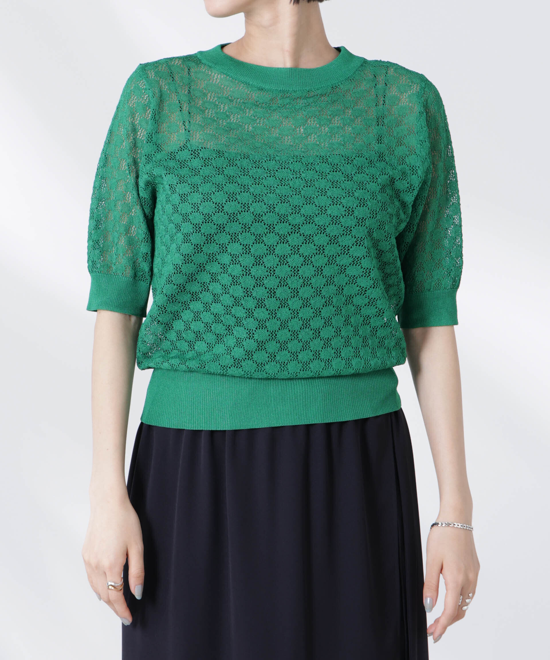 nano･universe「レース柄クルーネック半袖ニット」|ニット・セーター|