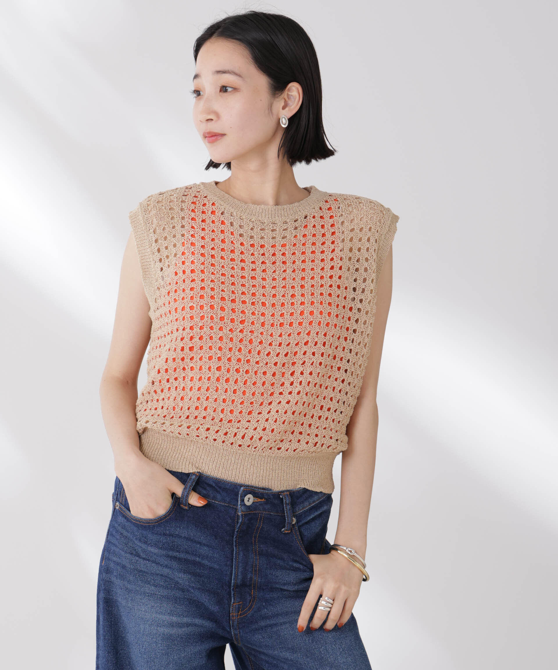 nano･universe「テープヤーンメッシュニットベスト」|ニット・セーター|ベージュ