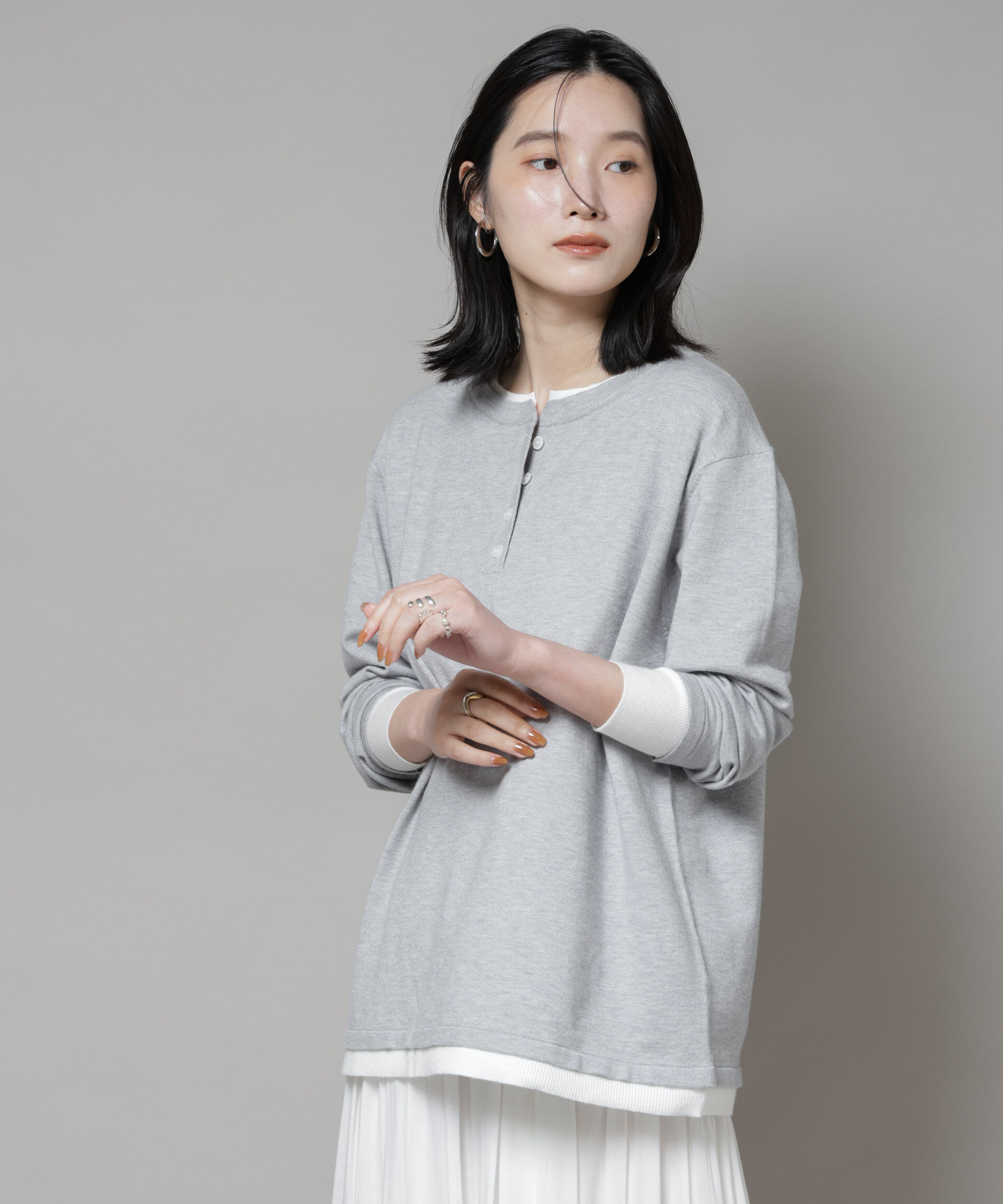 nano･universe「レイヤード風バイカラーヘンリーネックニット」|ニット・セーター|