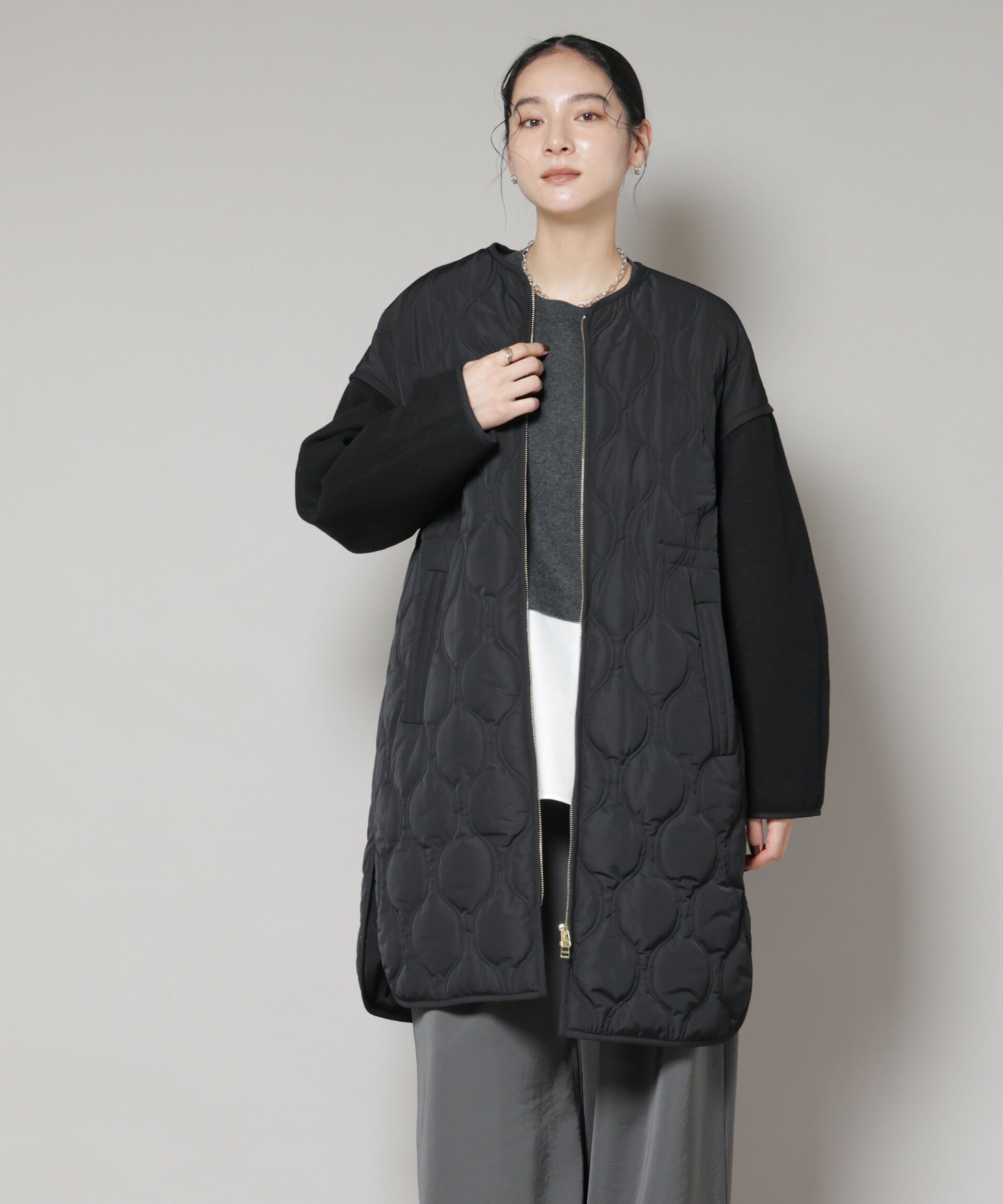 nano･universe「異素材コンビキルティングノーカラーコート」|その他|