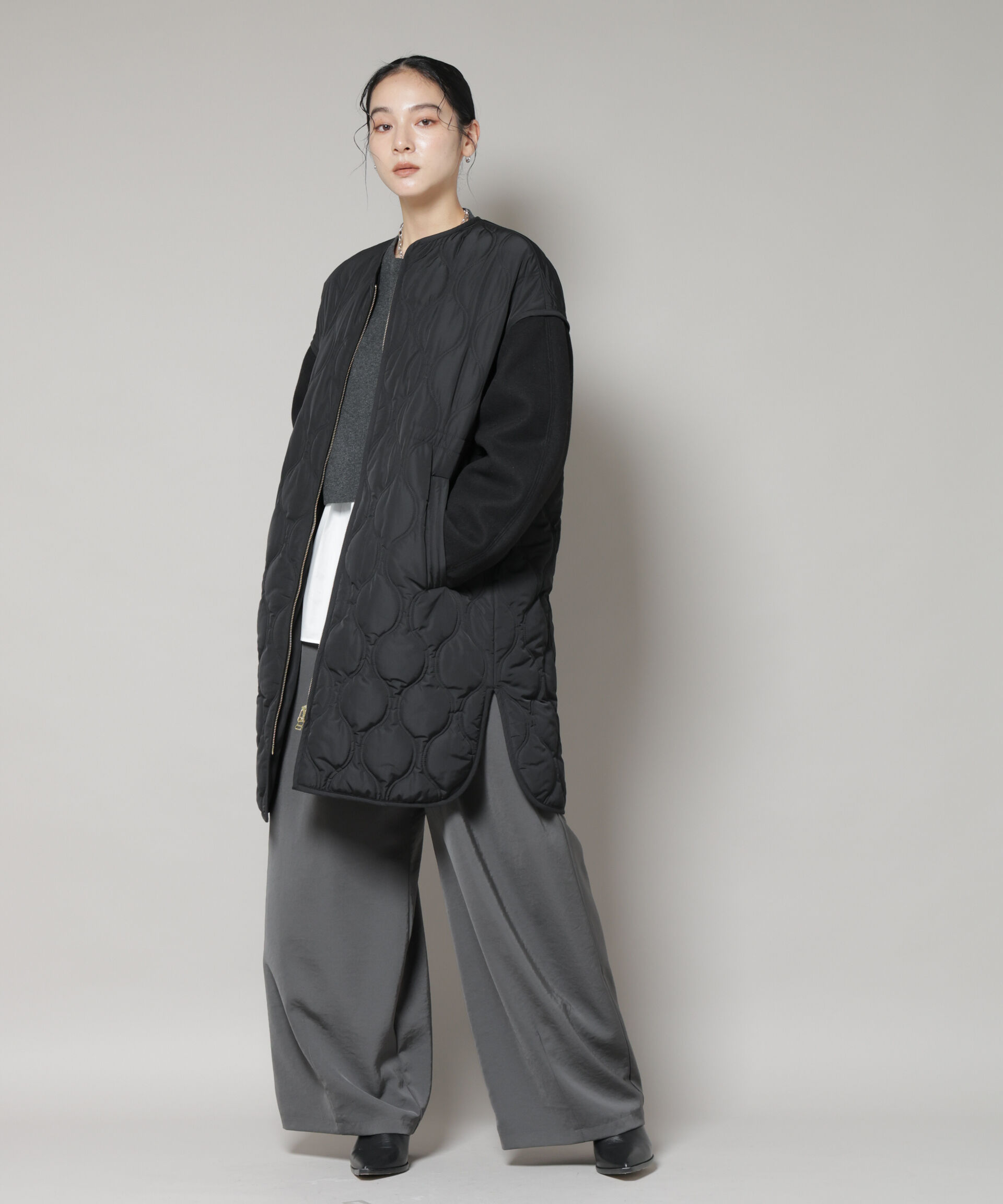 nano･universe「異素材コンビキルティングノーカラーコート」|その他|