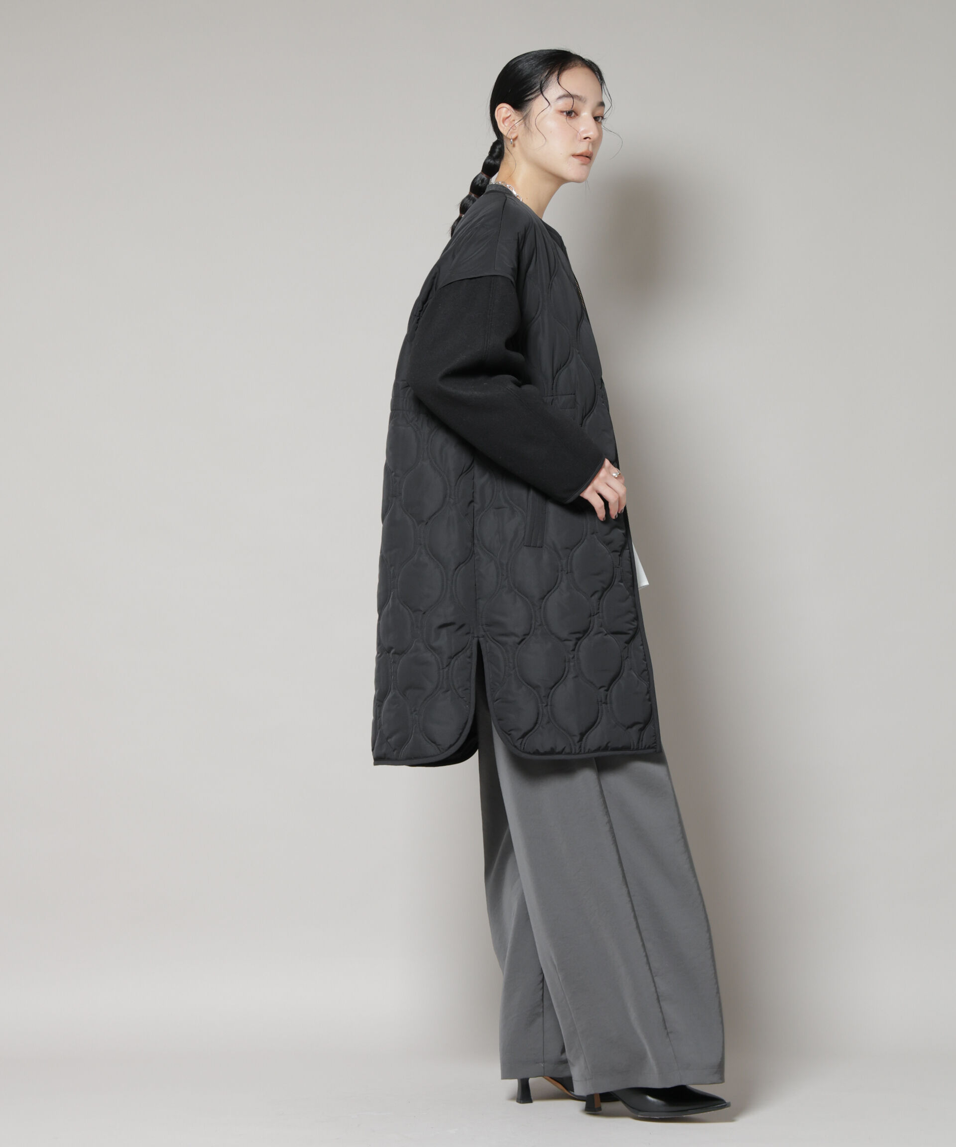 nano･universe「異素材コンビキルティングノーカラーコート」|その他|