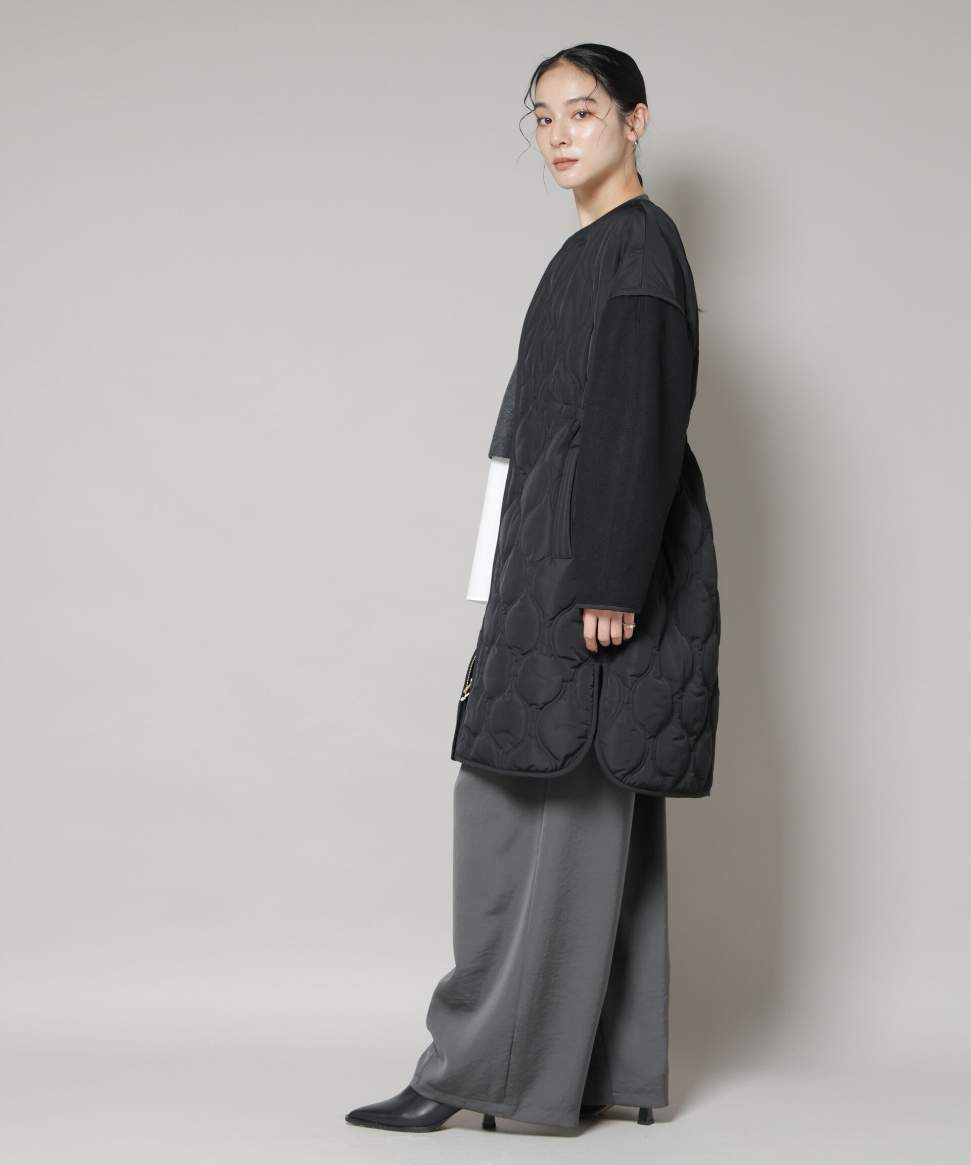 nano･universe「異素材コンビキルティングノーカラーコート」|その他|