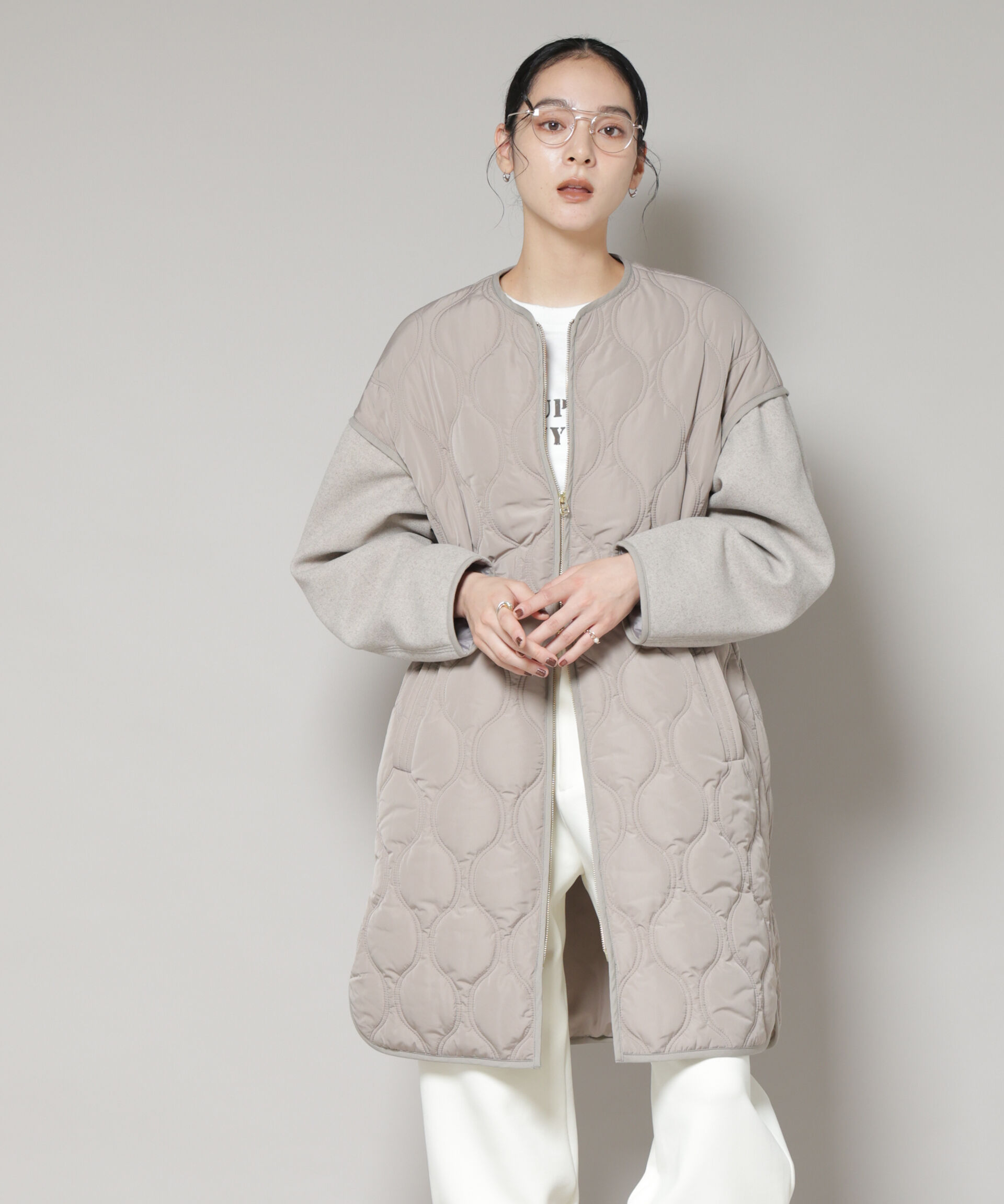 nano･universe「異素材コンビキルティングノーカラーコート」|その他|