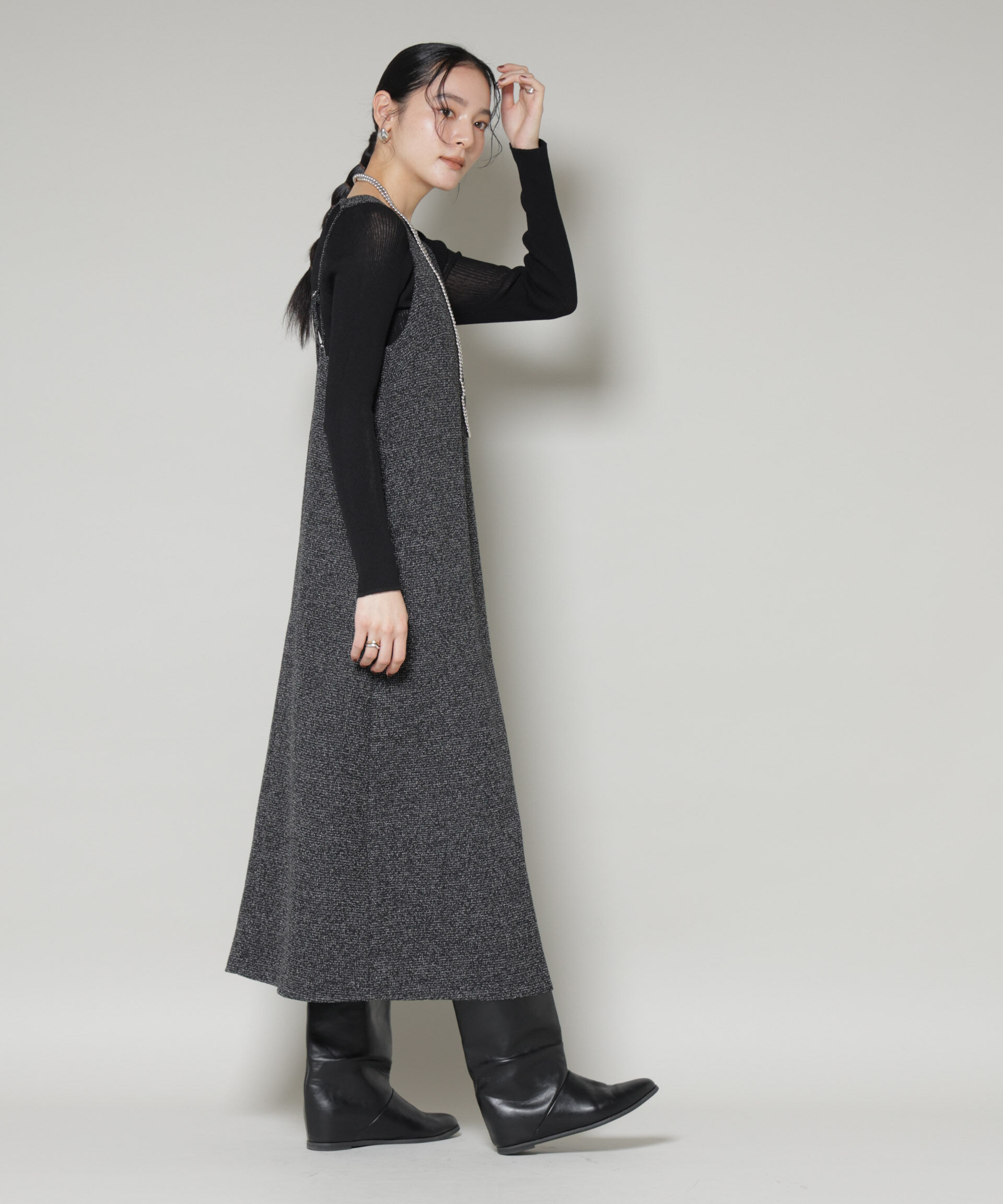 nano･universe「ツイードIラインワンピース&times;シアーリブニットセット」|ワンピース|