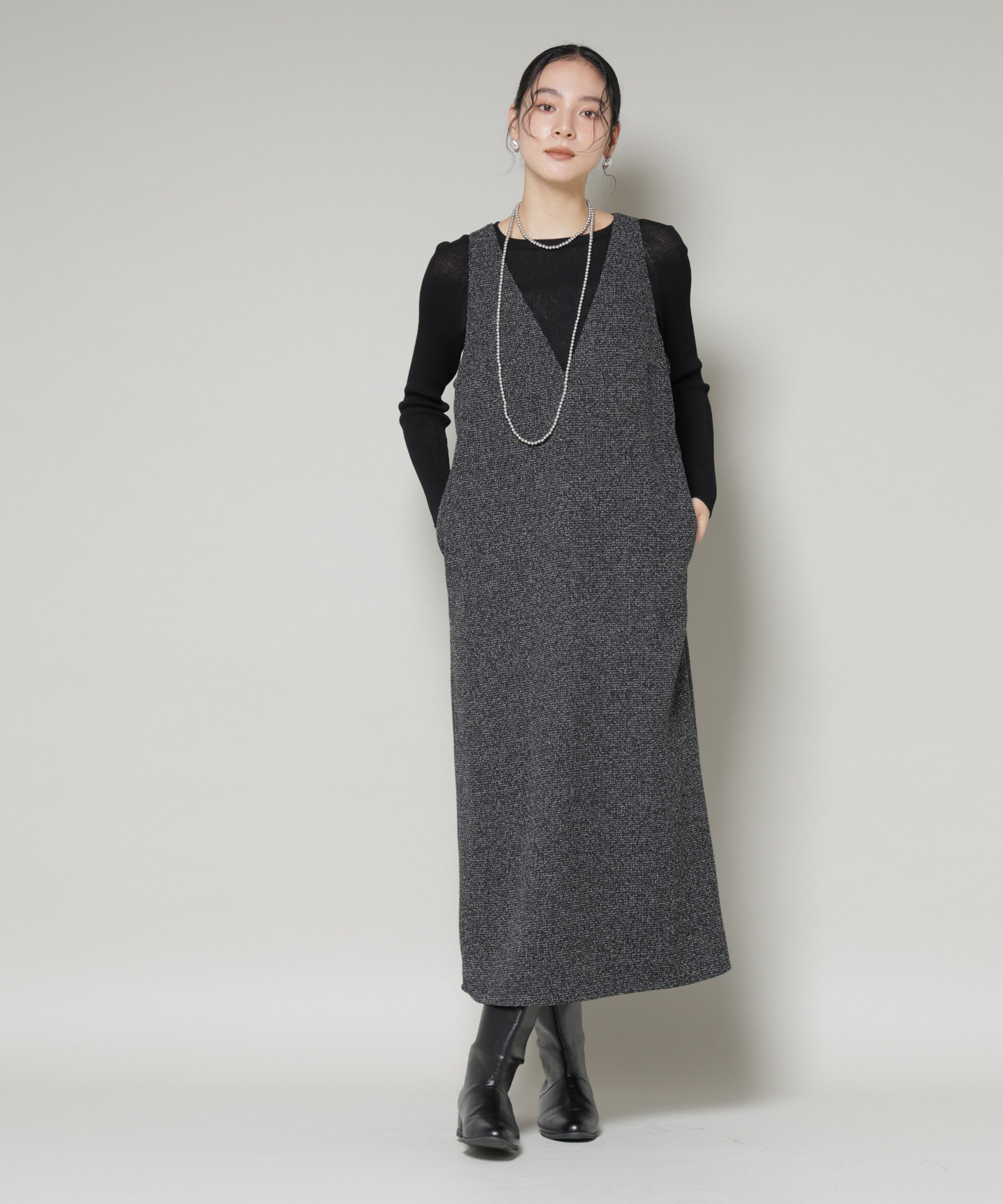 nano･universe「ツイードIラインワンピース&times;シアーリブニットセット」|ワンピース|