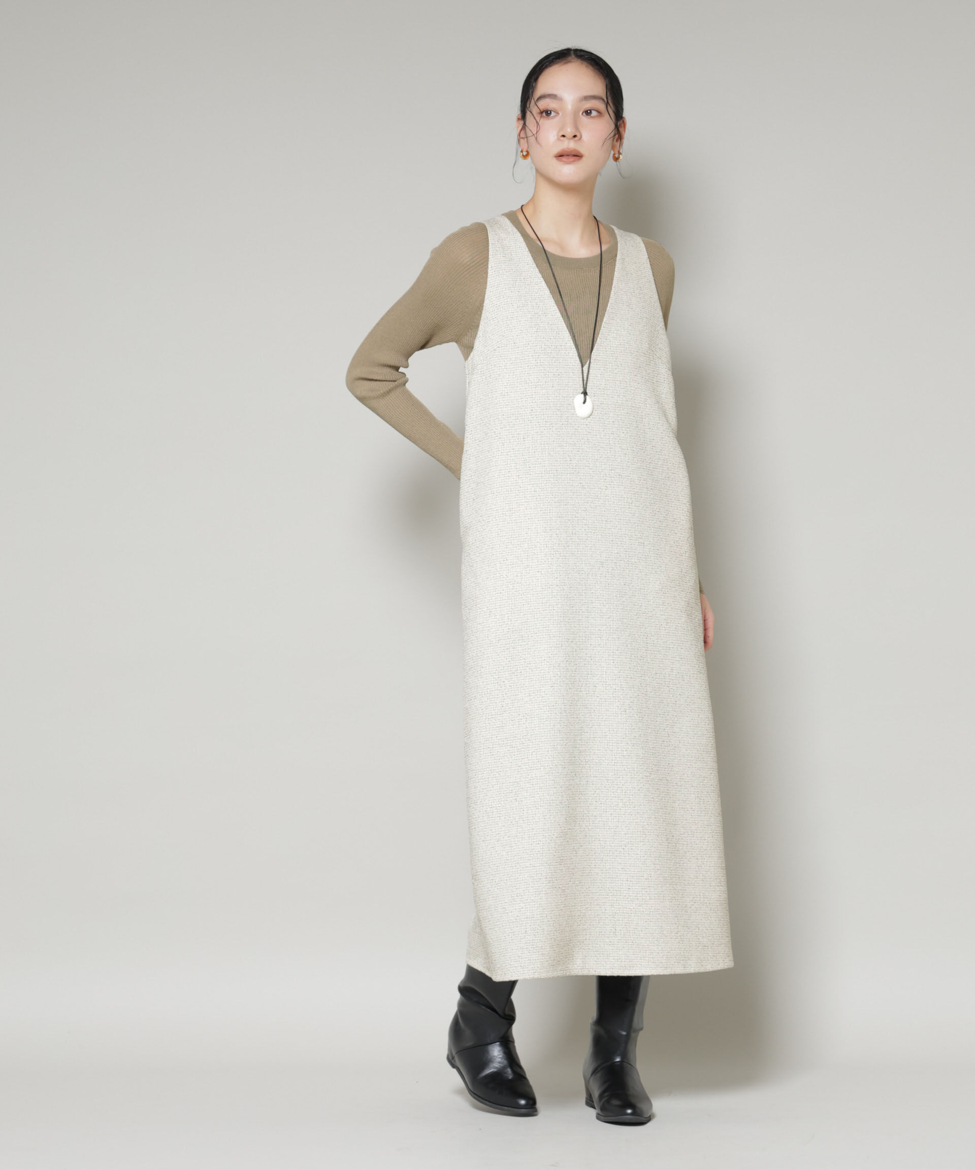 nano･universe「ツイードIラインワンピース&times;シアーリブニットセット」|ワンピース|