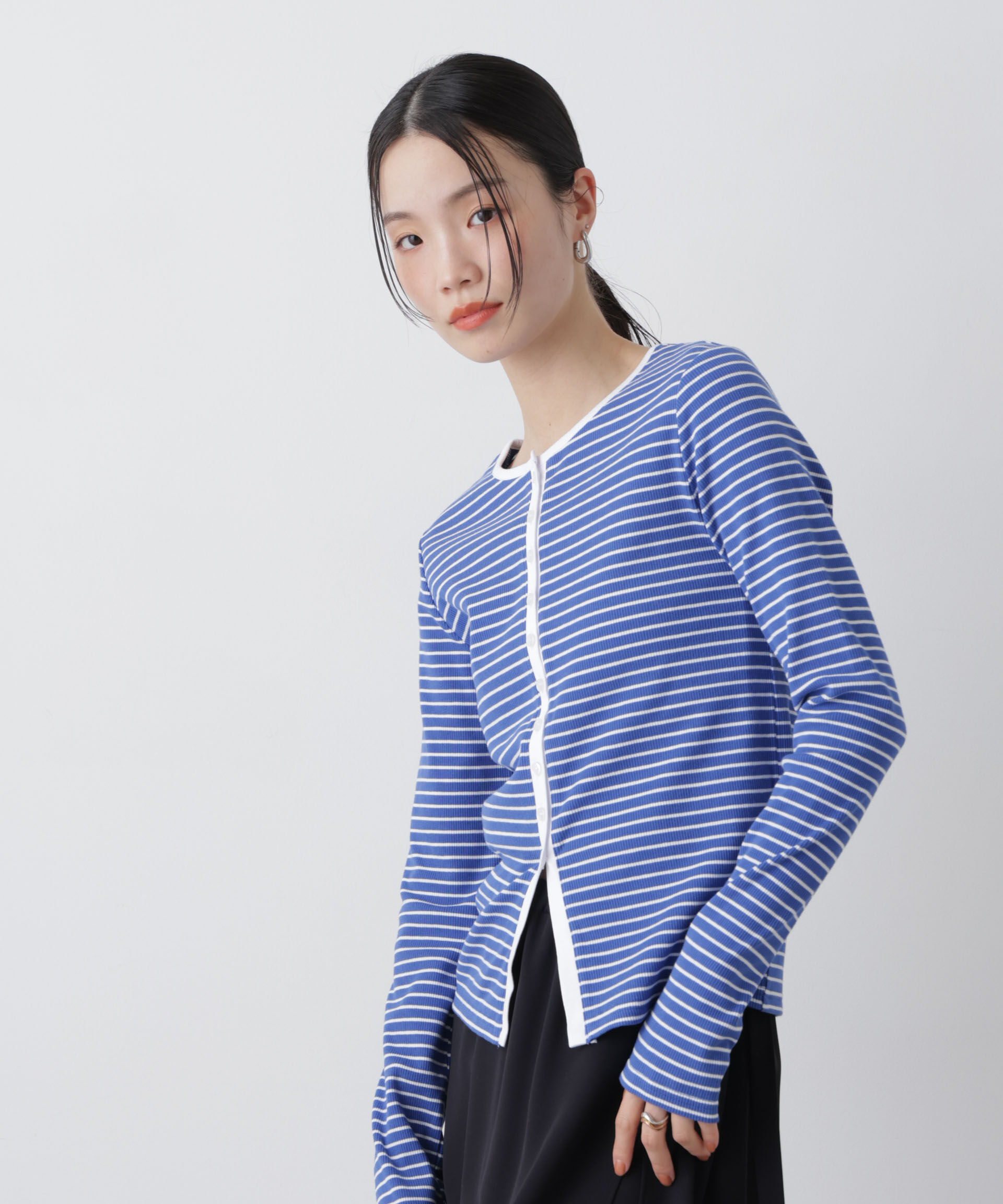 nano･universe「前後2wayスパンテレコカットボーダークルーカーディガン」|Tシャツ・カットソー|ブルー