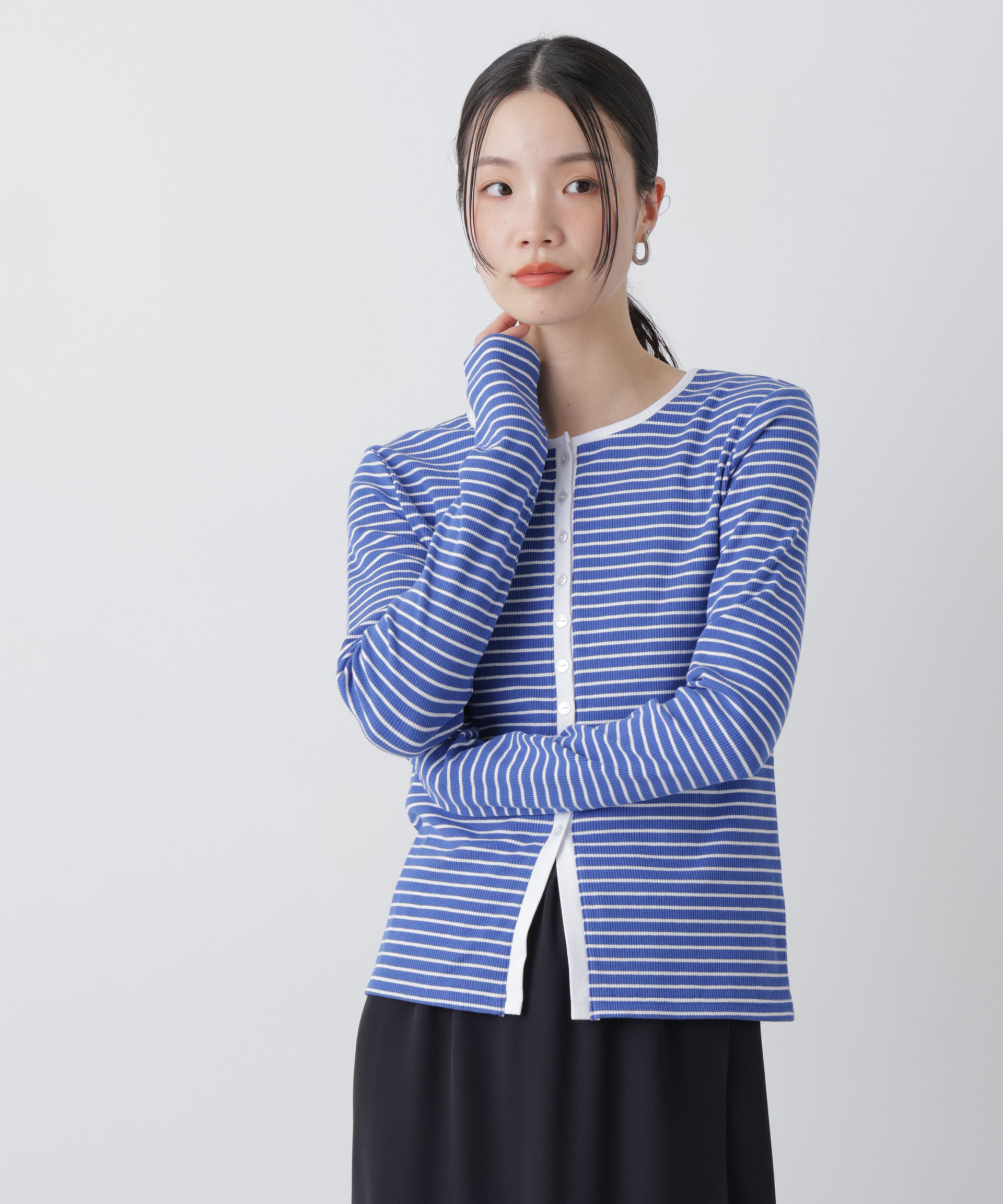 nano･universe「前後2wayスパンテレコカットボーダークルーカーディガン」|Tシャツ・カットソー|