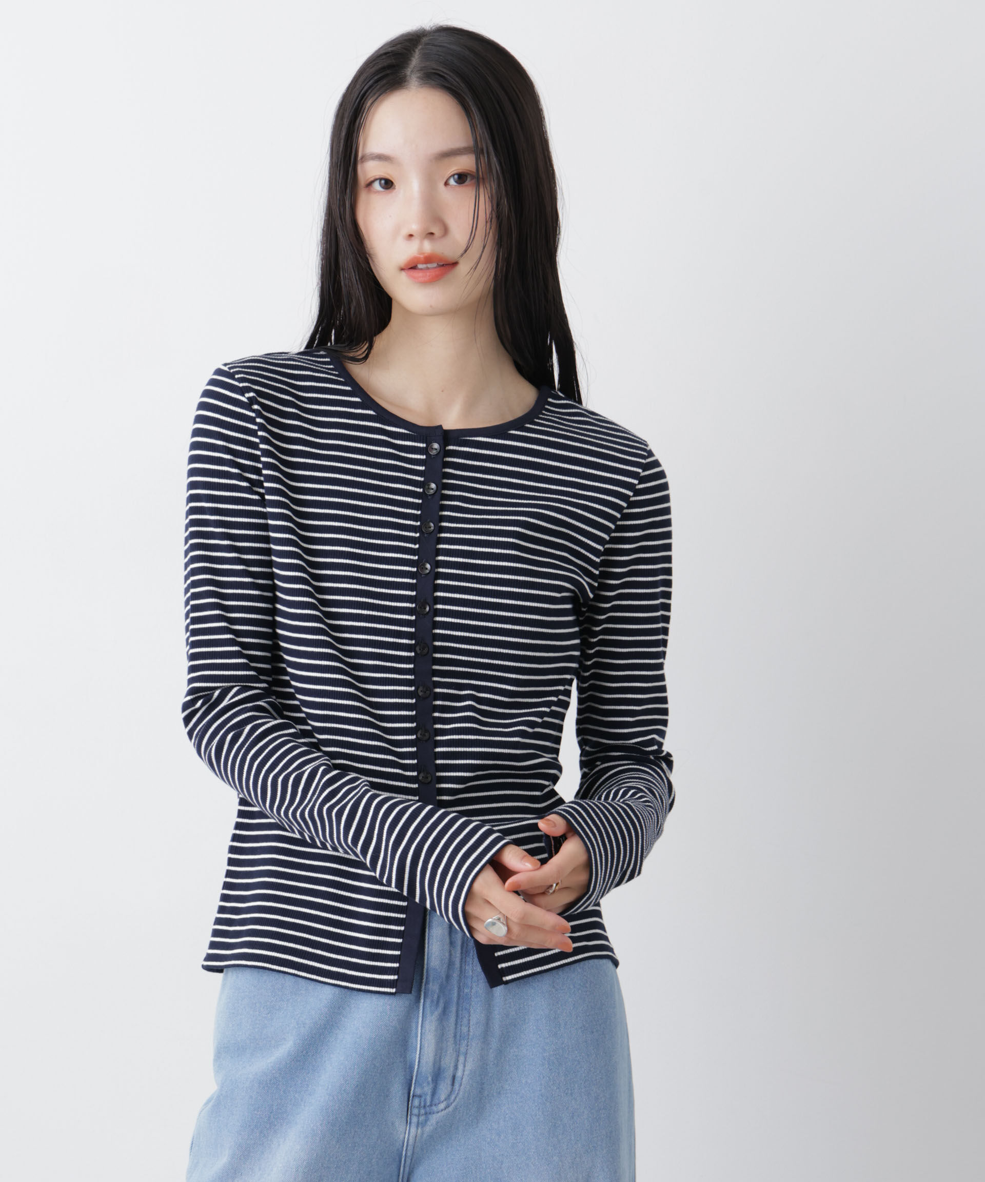 nano･universe「前後2wayスパンテレコカットボーダークルーカーディガン」|Tシャツ・カットソー|