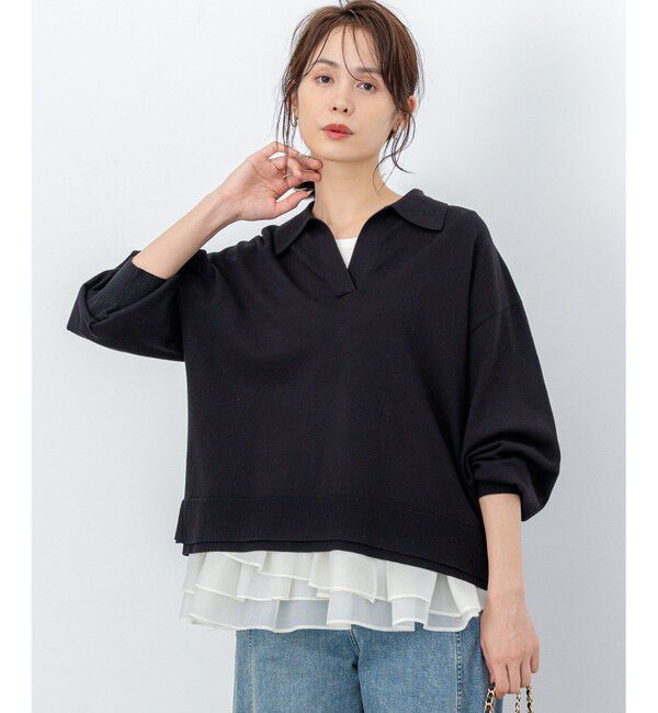 組曲「【加藤ローサさん着用】ポロ襟ストレッチニット」|ニット・セーター|ブラック系