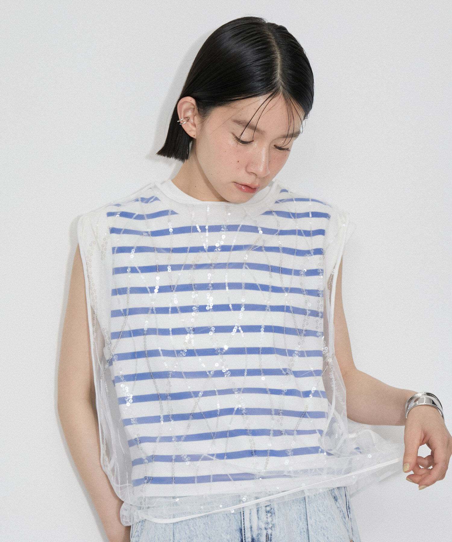 ADAM ET ROPE'「【サステナブル】スパンコールチュールｘボーダーコンビプルオーバー」|ニット・セーター|ホワイト系(13)
