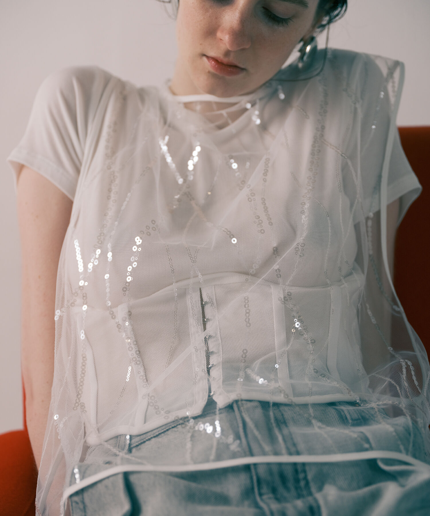 ADAM ET ROPE'「【サステナブル】スパンコールチュールｘボーダーコンビプルオーバー」|ニット・セーター|