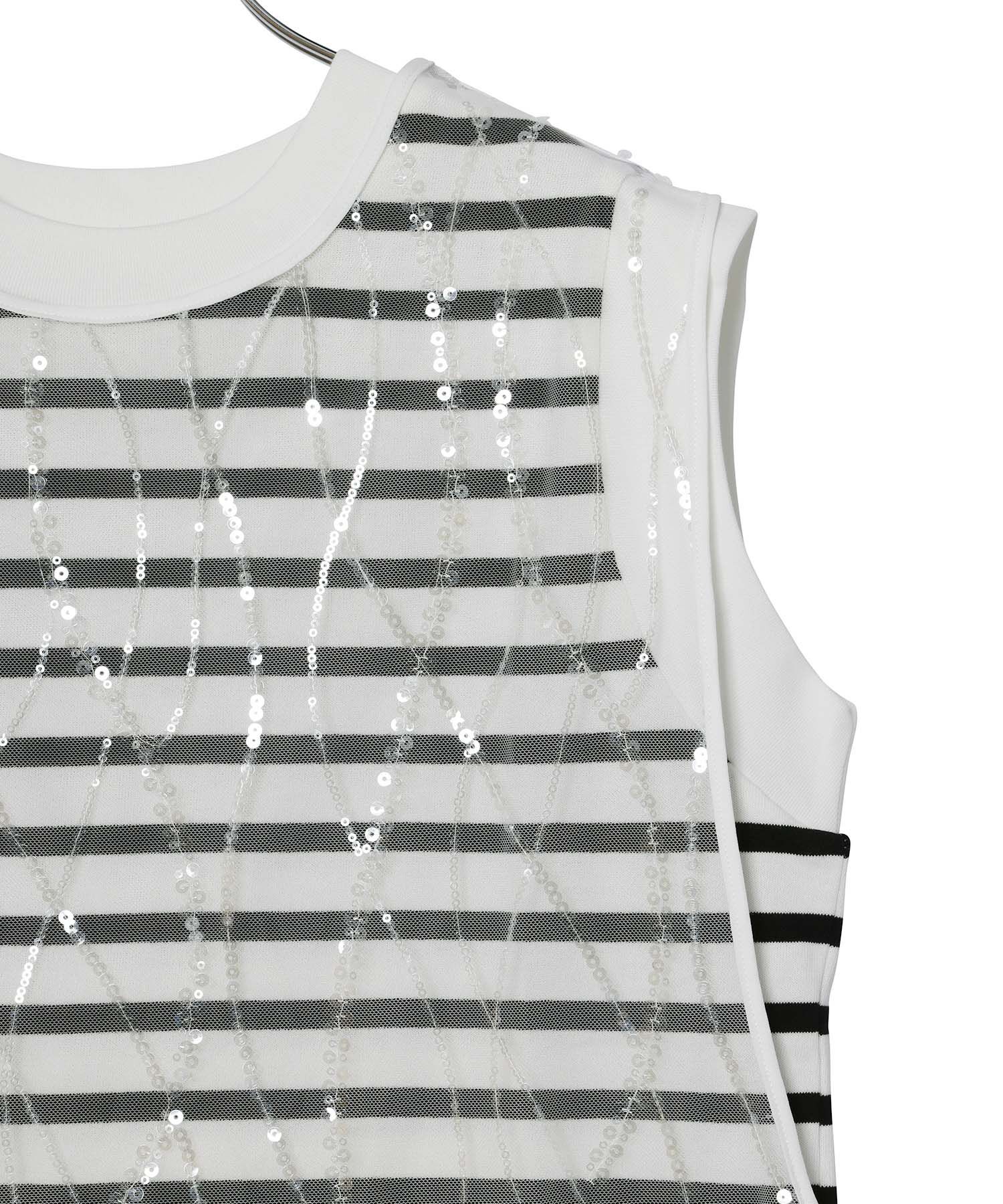 ADAM ET ROPE'「【サステナブル】スパンコールチュールｘボーダーコンビプルオーバー」|ニット・セーター|