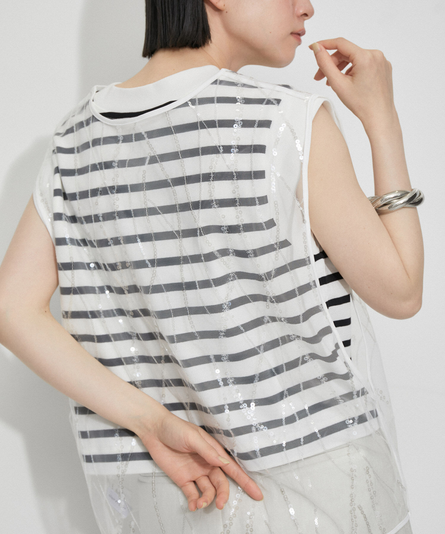 ADAM ET ROPE'「【サステナブル】スパンコールチュールｘボーダーコンビプルオーバー」|ニット・セーター|