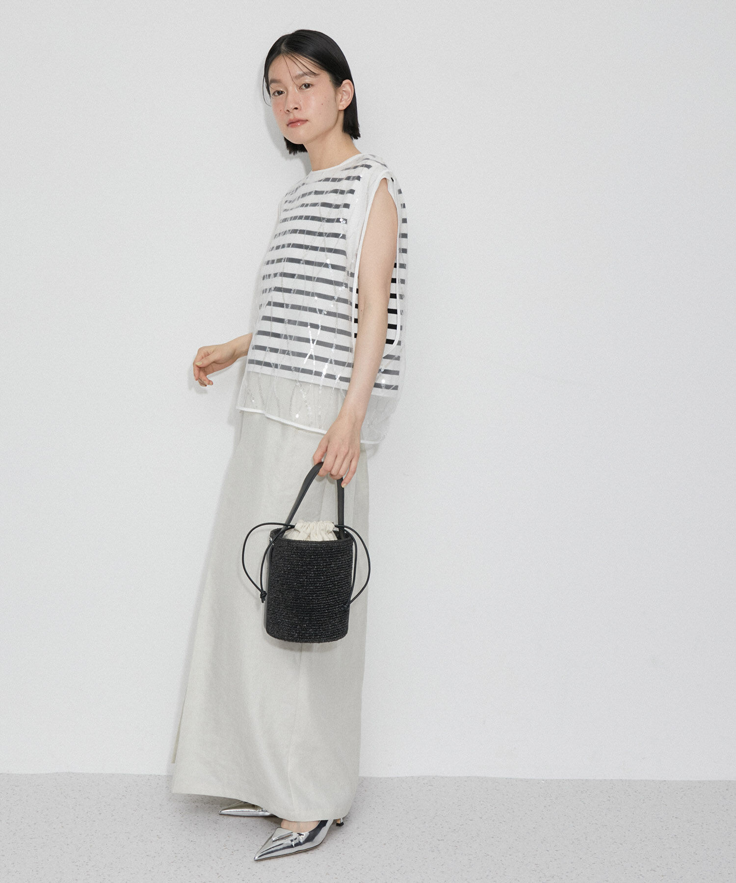 ADAM ET ROPE'「【サステナブル】スパンコールチュールｘボーダーコンビプルオーバー」|ニット・セーター|