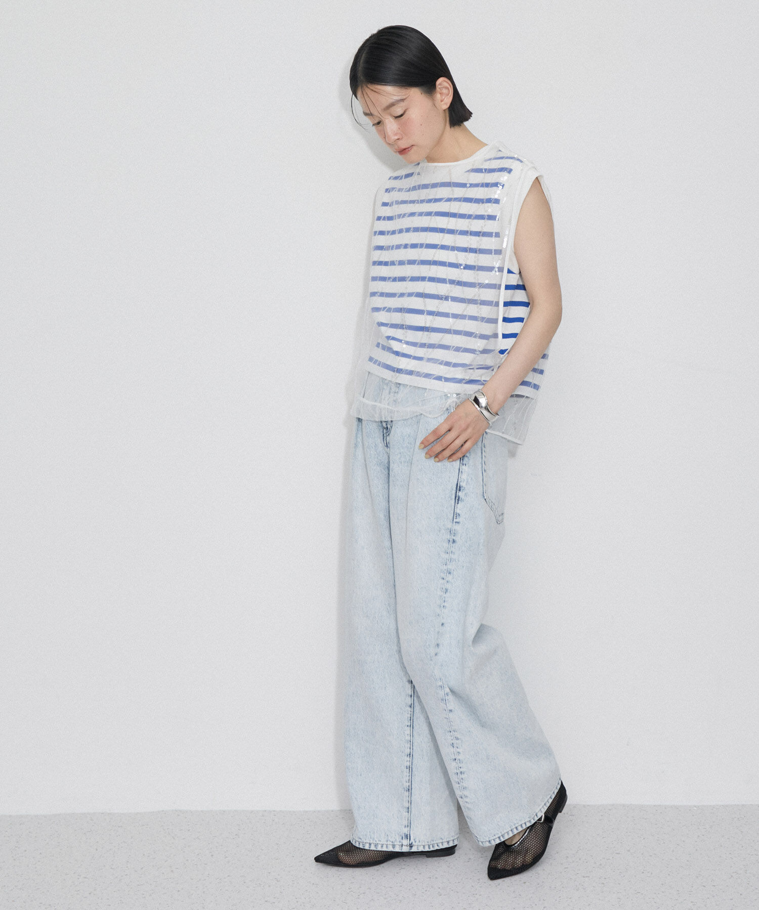 ADAM ET ROPE'「【サステナブル】スパンコールチュールｘボーダーコンビプルオーバー」|ニット・セーター|