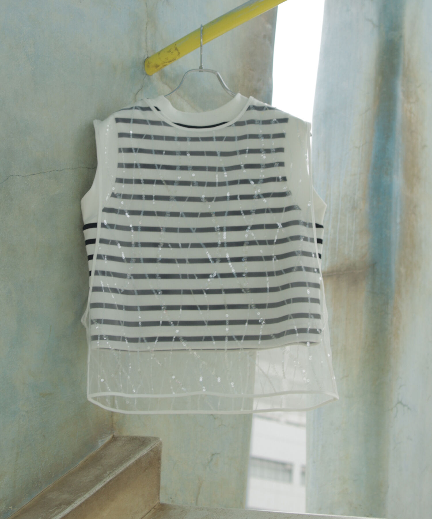 ADAM ET ROPE'「【サステナブル】スパンコールチュールｘボーダーコンビプルオーバー」|ニット・セーター|