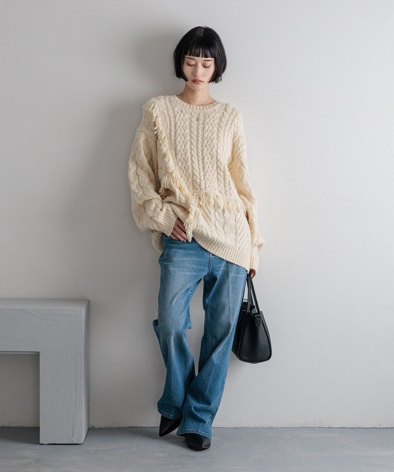 LOWRYS FARM「ケーブルフリンジLONG丈」|ニット・セーター|