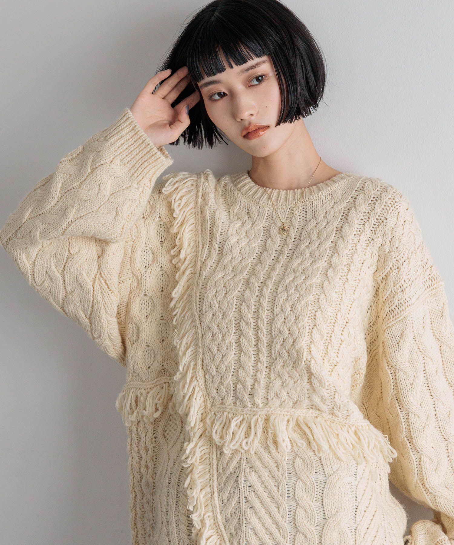 LOWRYS FARM「ケーブルフリンジLONG丈」|ニット・セーター|